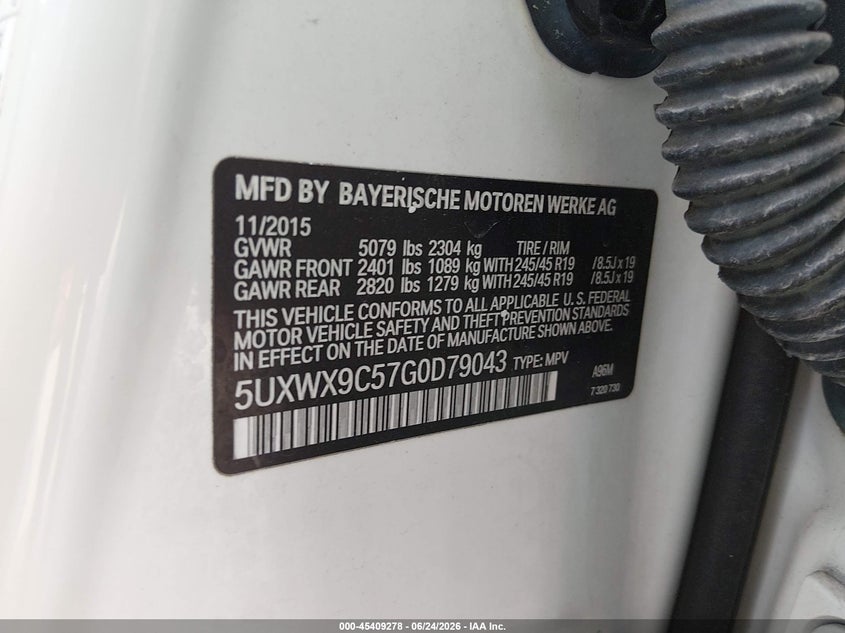 2016 BMW X3 VIN 5UXWX9C57G0D79043 IAAI salvage auction — FRONT END, Certificate Of Destruction (Louisiana), sold $3,000 on 2026-07-22 (photo 9)
