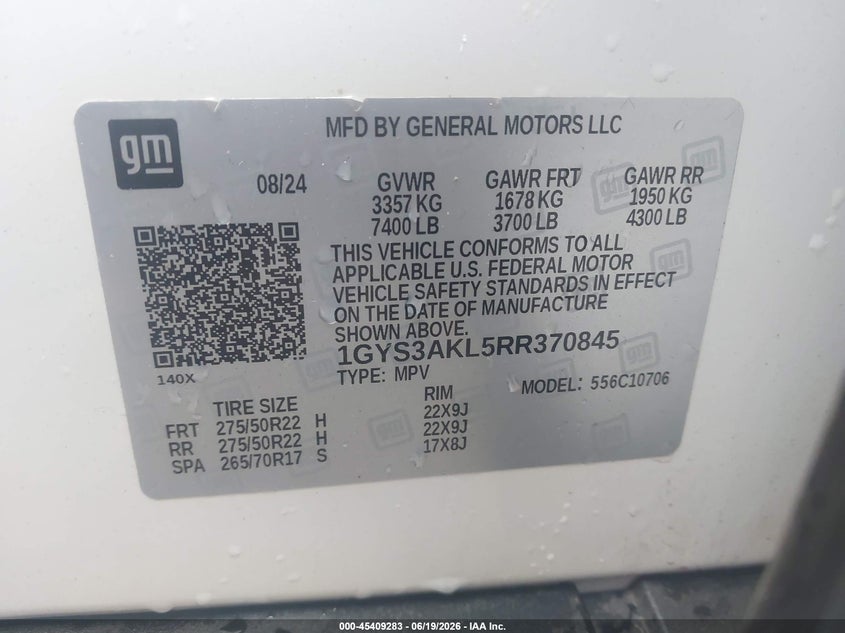 2024 Cadillac Escalade VIN 1GYS3AKL5RR370845 IAAI salvage auction — FRONT END, Salvage (Arkansas), sold $12,500 on 2026-07-29 (photo 9)
