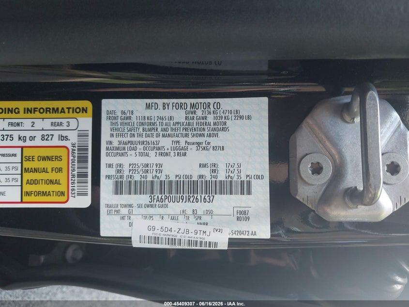 2018 Ford Fusion VIN 3FA6P0UU9JR261637 IAAI salvage auction — NORMAL WEAR, SF97 (Virginia), sold $12,400 on 2026-07-22 (photo 9)