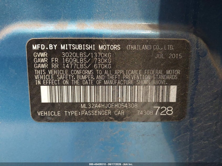 2015 Mitsubishi Mirage VIN ML32A4HJ0FH054308 IAAI salvage auction — UNKNOWN, Salvage (Utah), sold $375 on 2026-07-20 (photo 9)
