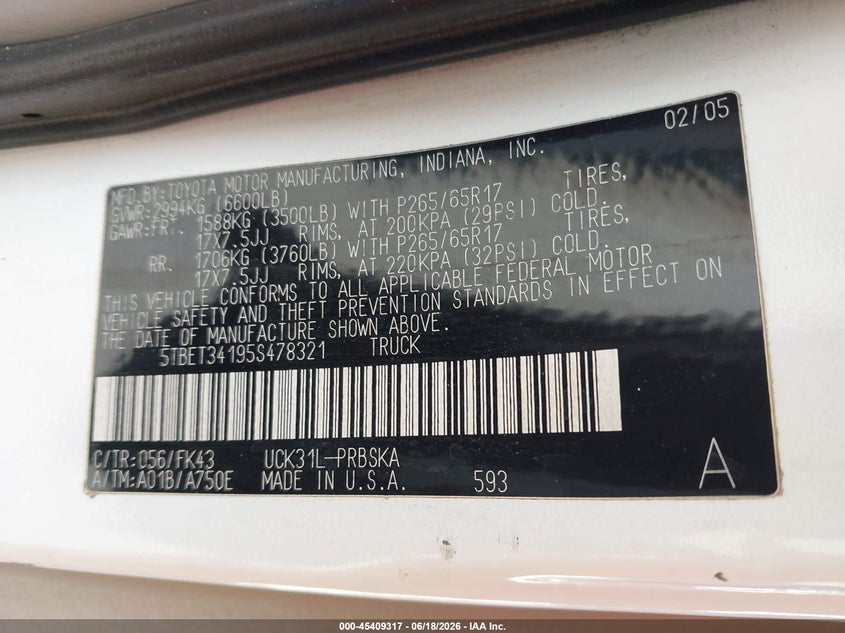 2005 Toyota Tundra VIN 5TBET34195S478321 IAAI salvage auction — RIGHT SIDE, Salvage (California), sold $775 on 2026-07-23 (photo 9)