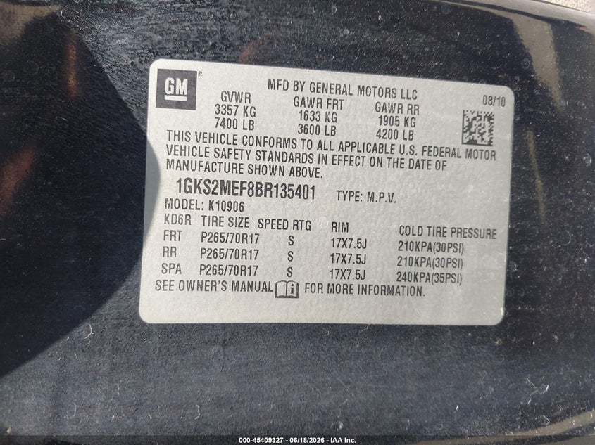 2011 Gmc Yukon xl VIN 1GKS2MEF8BR135401 IAAI salvage auction — RIGHT REAR, Original (Texas), sold $1,050 on 2026-07-08 (photo 9)