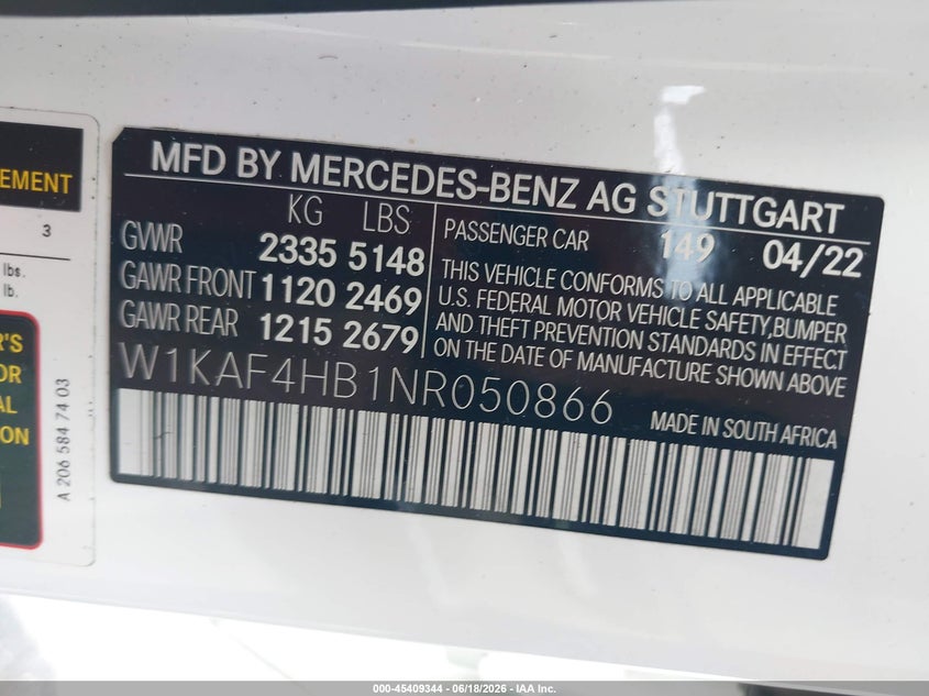 2022 Mercedes-benz C-klasse VIN W1KAF4HB1NR050866 IAAI salvage auction — WATER/FLOOD, Salvage Title, sold $9,100 on 2026-07-30 (photo 9)