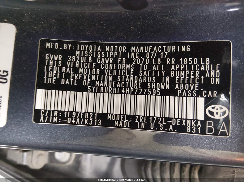 2017 Toyota Corolla VIN 5YFBURHE4HP727595 IAAI salvage auction — NORMAL WEAR, Original (Texas), sold $1,300 on 2026-07-14 (photo 9)