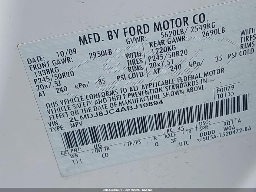 2010 Lincoln Mkx VIN 2LMDJ8JC4ABJ10894 IAAI salvage auction — FRONT END, Clear (Michigan), sold $400 on 2026-07-09 (photo 9)