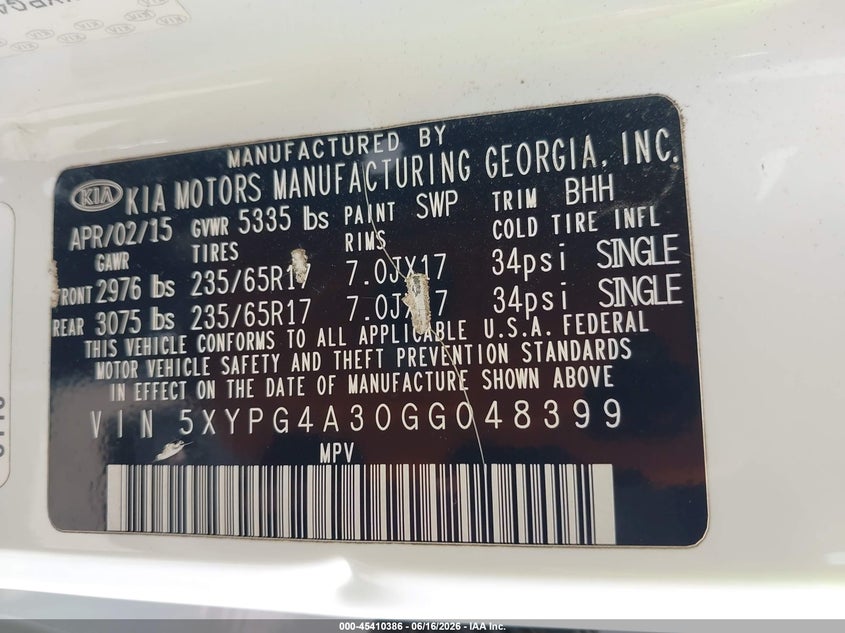 2016 Kia Sorento VIN 5XYPG4A30GG048399 IAAI salvage auction — NORMAL WEAR, Clear (Kansas), sold $1,850 on 2026-07-08 (photo 9)