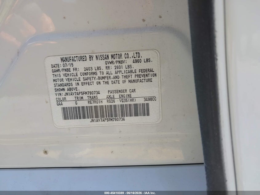 2015 Infiniti Q50 VIN JN1AV7AP5FM790734 IAAI salvage auction — LEFT FRONT, Salvage (California), sold $1,050 on 2026-07-28 (photo 9)