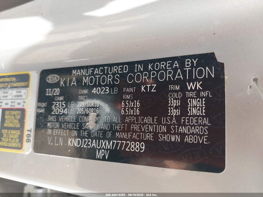 2021 Kia Soul VIN KNDJ23AUXM7772889 IAAI salvage auction — FRONT END, Clear (Alabama), sold $3,300 on 2026-07-14 (photo 9)