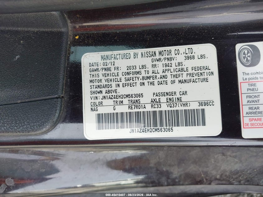2012 Nissan 370z VIN JN1AZ4EH2CM563065 IAAI salvage auction — FRONT END, Bill Of Sale (Washington), sold $5,100 on 2026-07-29 (photo 9)