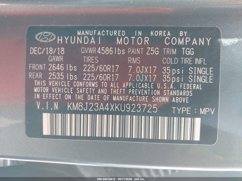 2019 Hyundai Tucson VIN KM8J23A4XKU923725 IAAI salvage auction — NORMAL WEAR, Clear (Florida), sold $4,350 on 2026-07-16 (photo 9)
