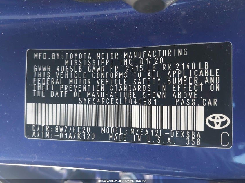 2020 Toyota Corolla VIN 5YFS4RCEXLP040881 IAAI salvage auction — LEFT REAR, Salvage (Arizona), sold $6,900 on 2026-07-28 (photo 9)