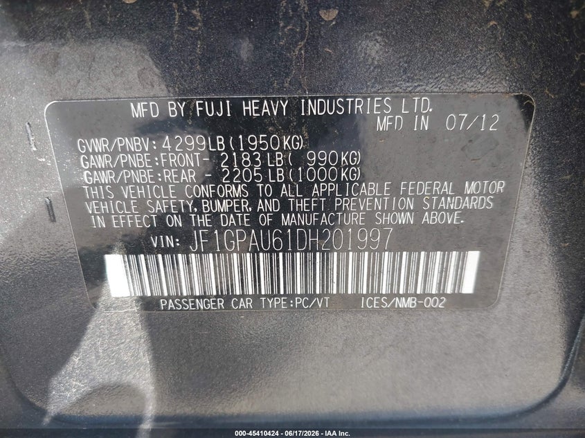 2013 Subaru Impreza VIN JF1GPAU61DH201997 IAAI salvage auction — RIGHT FRONT, Salvage (Connecticut), sold $1,800 on 2026-07-09 (photo 9)