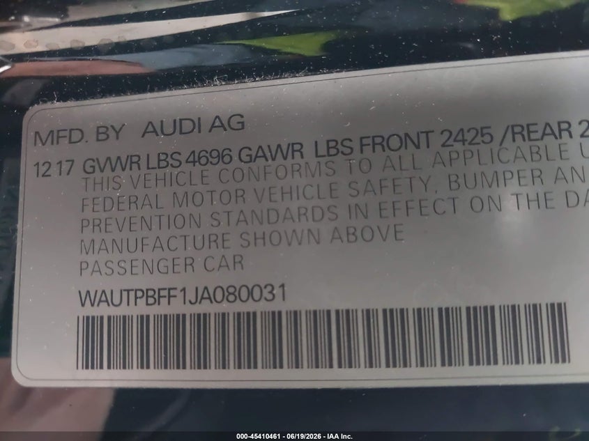 2018 Audi A3 VIN WAUTPBFF1JA080031 IAAI salvage auction — FRONT END, Salvage (California), sold $4,550 on 2026-07-13 (photo 9)