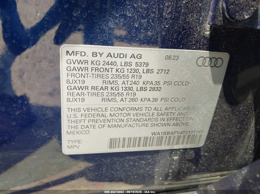 2023 Audi Q5 VIN WA1BBAFY4P2171185 IAAI salvage auction — REAR END, Salvage (Texas), sold $6,400 on 2026-07-22 (photo 9)