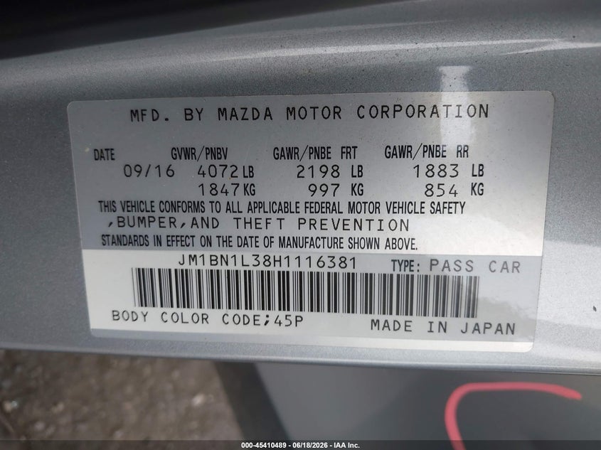 2017 Mazda 3 VIN JM1BN1L38H1116381 IAAI salvage auction — FRONT END, Salvage Title, sold $1,600 on 2026-07-24 (photo 9)