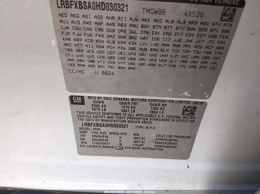 2017 Buick Envision VIN LRBFXBSA0HD030321 IAAI salvage auction — BIO HAZARD, Salvage (Louisiana), sold $25 on 2026-07-13 (photo 9)