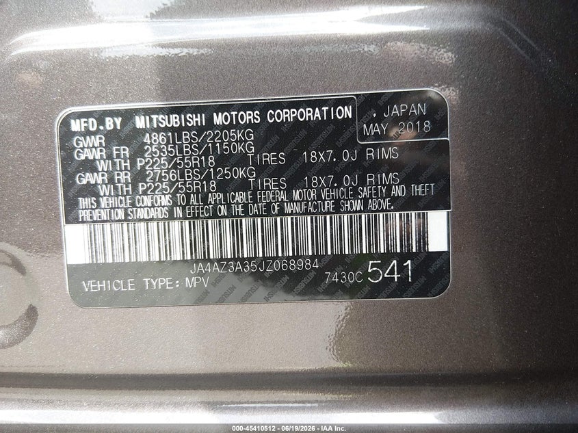 2018 Mitsubishi Outlander VIN JA4AZ3A35JZ068984 IAAI salvage auction — FRONT END, Salvage Title, sold $3,100 on 2026-07-30 (photo 9)