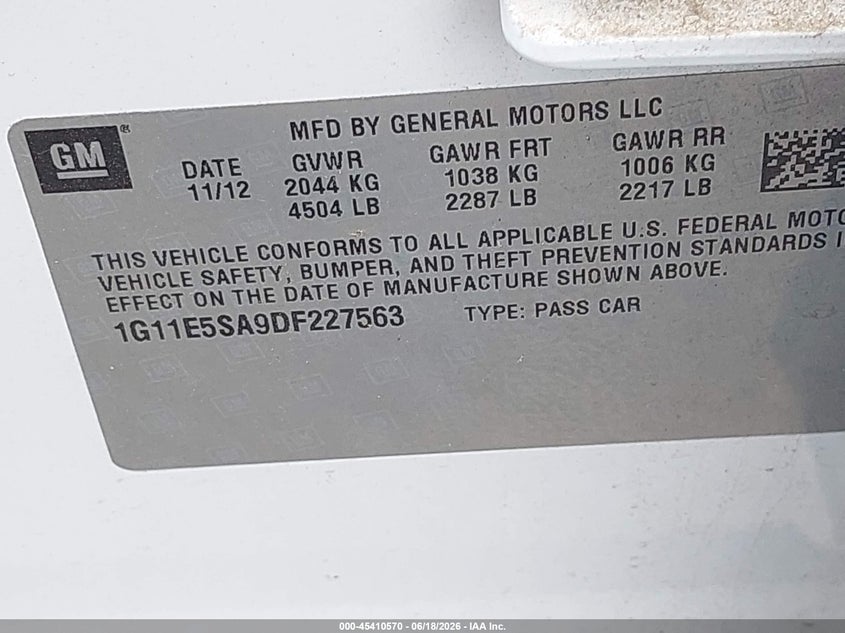 2013 Chevrolet Malibu VIN 1G11E5SA9DF227563 IAAI salvage auction — NORMAL WEAR, Salvage Title, sold $700 on 2026-07-23 (photo 9)