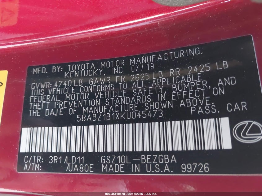 2019 Lexus VIN 58ABZ1B1XKU045473 IAAI salvage auction — SIDE, Salvage Title, sold $11,250 on 2026-07-29 (photo 9)