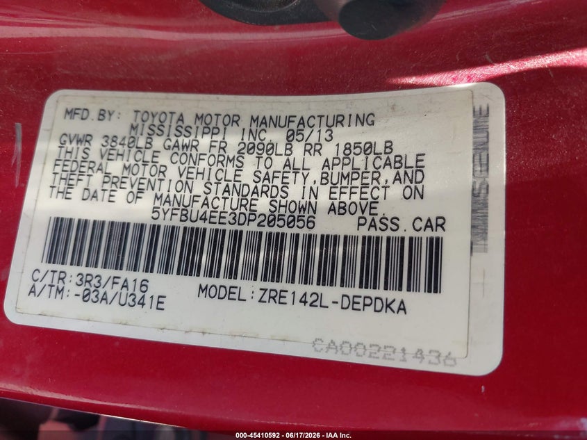 2013 Toyota Corolla VIN 5YFBU4EE3DP205056 IAAI salvage auction — SIDE, Salvage (California), sold $1,200 on 2026-07-14 (photo 9)