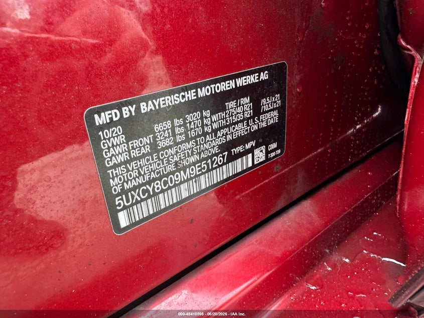 2021 BMW X6 VIN 5UXCY8C09M9E51267 IAAI salvage auction — UNKNOWN, Original (West Virginia), sold $15,300 on 2026-07-19 (photo 9)