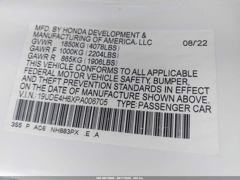 2023 Acura Integra VIN 19UDE4H6XPA006705 IAAI salvage auction — FRONT END, Salvage Title, sold $10,250 on 2026-07-15 (photo 9)