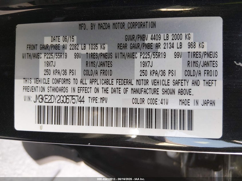 2016 Mazda Cx-5 VIN JM3KE2DY2G0675744 IAAI salvage auction — NORMAL WEAR, Clear - Dealer Only (California), sold $2,825 on 2026-07-08 (photo 9)