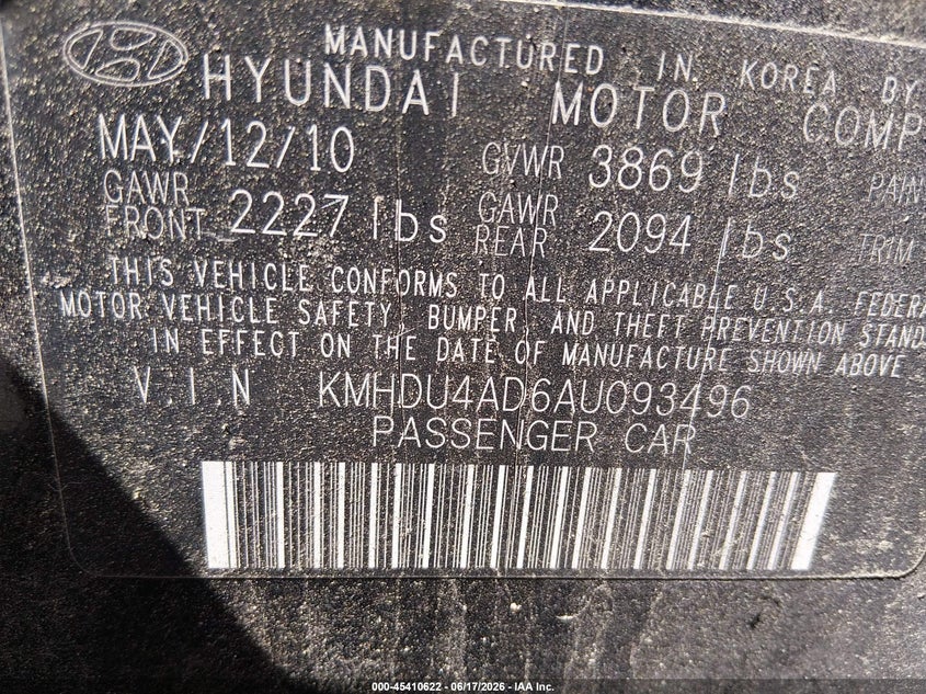 2010 Hyundai Elantra VIN KMHDU4AD6AU093496 IAAI salvage auction — FRONT END, Salvage (North Carolina), sold $650 on 2026-07-15 (photo 9)