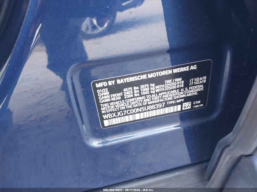 2022 BMW X1 VIN WBXJG7C00N5U88397 IAAI salvage auction — FRONT END, Rebuildable (Florida), sold $3,600 on 2026-07-14 (photo 9)