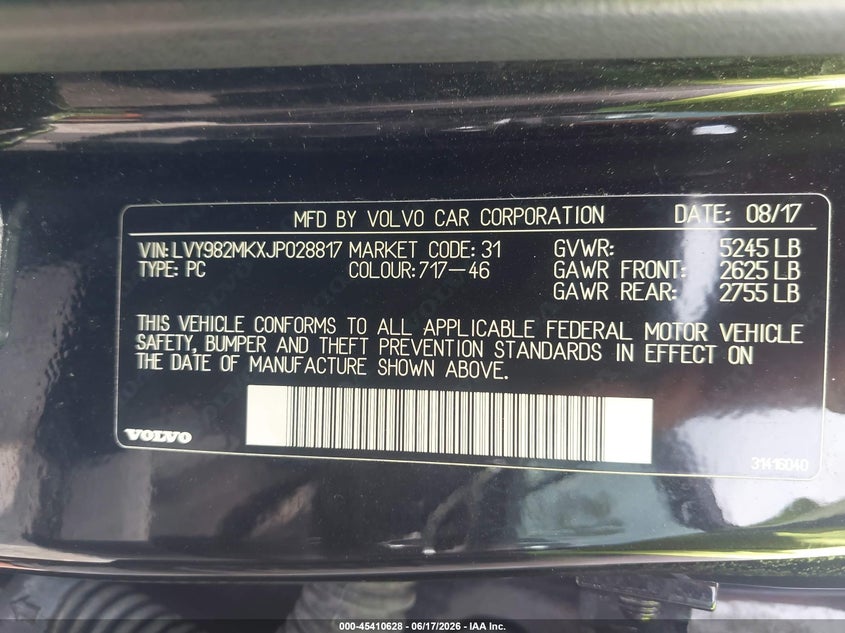 2018 Volvo S90 VIN LVY982MKXJP028817 IAAI salvage auction — FRONT END, Salvage Title, sold $3,400 on 2026-07-28 (photo 9)