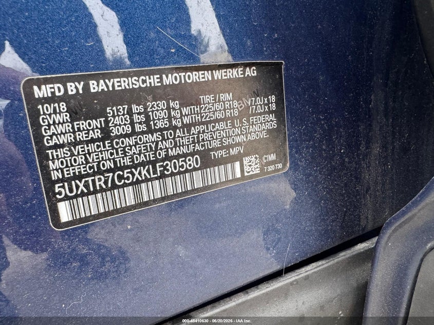 2019 BMW X3 VIN 5UXTR7C5XKLF30580 IAAI salvage auction — MECHANICAL, Clear (Texas), sold $7,950 on 2026-07-18 (photo 9)
