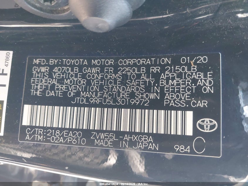 2020 Toyota Prius VIN JTDL9RFU5L3019972 IAAI salvage auction — FRONT END, Salvage Title, sold $1,100 on 2026-07-29 (photo 9)