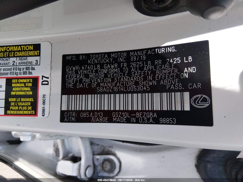 2020 Lexus ES VIN 58ADZ1B14LU053045 IAAI salvage auction — RIGHT FRONT, Salvage (North Carolina), sold $11,100 on 2026-07-29 (photo 9)