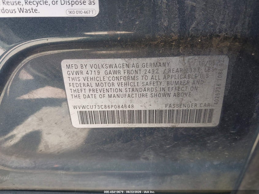 2006 Volkswagen Passat VIN WVWCU73C86P084648 IAAI salvage auction — NORMAL WEAR, Clear (Washington), sold $275 on 2026-07-21 (photo 9)