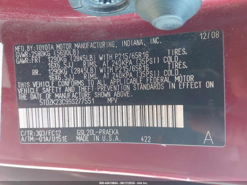 2009 Toyota Sienna VIN 5TDZK23C99S277551 IAAI salvage auction — NORMAL WEAR, Clear (Missouri), sold $825 on 2026-07-14 (photo 9)