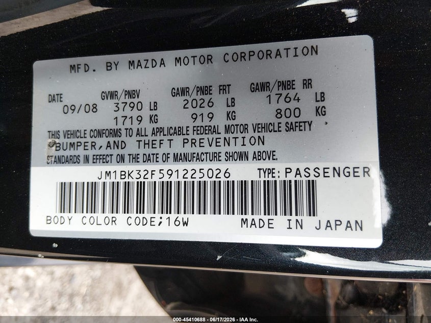 2009 Mazda 3 VIN JM1BK32F591225026 IAAI salvage auction — NORMAL WEAR, Clear (Pennsylvania), sold $475 on 2026-07-10 (photo 9)