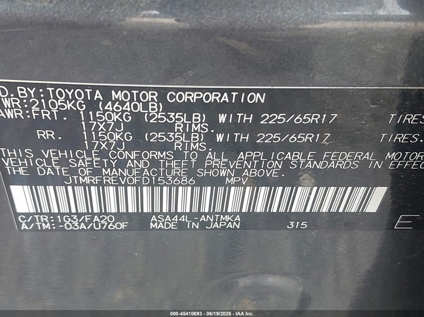 2015 Toyota Rav 4 VIN JTMRFREV0FD153686 IAAI salvage auction — REAR END, Salvage - Greater Than 75% (Maryland), sold $5,000 on 2026-07-27 (photo 9)