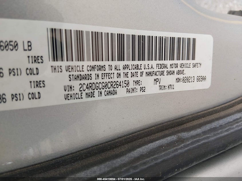2012 Dodge Grand caravan VIN 2C4RDGCG0CR264150 IAAI salvage auction — NORMAL WEAR, Clear (Colorado), sold $300 on 2026-07-31 (photo 9)