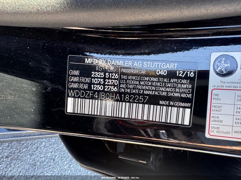 2017 Mercedes-benz E-class VIN WDDZF4JB0HA182257 IAAI salvage auction — MECHANICAL, Clear (Pennsylvania), sold $7,650 on 2026-07-19 (photo 9)
