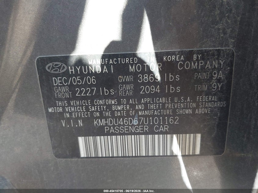 2007 Hyundai Elantra VIN KMHDU46D67U101162 IAAI salvage auction — LEFT REAR, Salvage (Ohio), sold $350 on 2026-07-08 (photo 9)