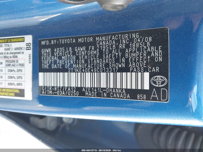 2009 Toyota Matrix VIN 2T1KE40E49C013317 IAAI salvage auction — NORMAL WEAR, Clear - Dealer Only (California), sold $1,300 on 2026-07-09 (photo 9)