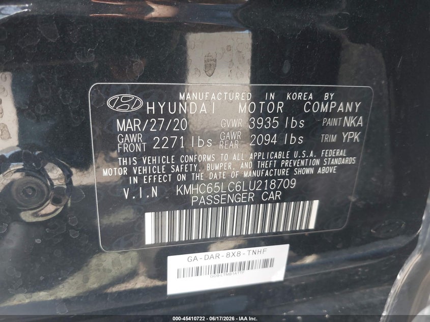 2020 Hyundai Ioniq hybrid VIN KMHC65LC6LU218709 IAAI salvage auction — SIDE, Sf97 (California), sold $225 on 2026-07-28 (photo 9)