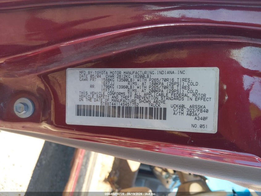 2004 Toyota Tundra VIN 5TBBT44114S451752 IAAI salvage auction — NORMAL WEAR, Clear (New York), sold $975 on 2026-07-15 (photo 9)