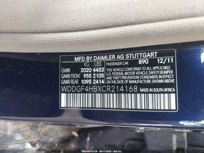 2012 Mercedes-benz VIN WDDGF4HBXCR214168 IAAI salvage auction — NORMAL WEAR, Clear (Virginia), sold $375 on 2026-07-14 (photo 9)