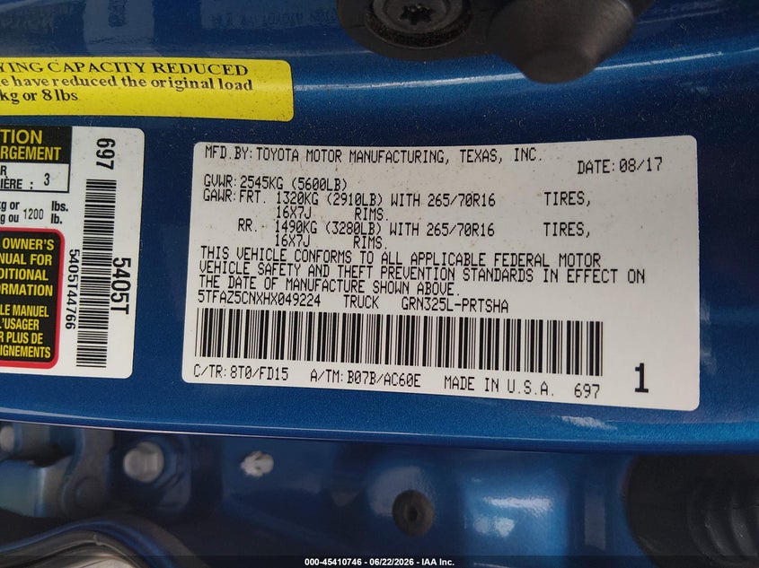 2017 Toyota Tacoma VIN 5TFAZ5CNXHX049224 IAAI salvage auction — SIDE, Salvage (Louisiana), sold $9,500 on 2026-07-22 (photo 9)
