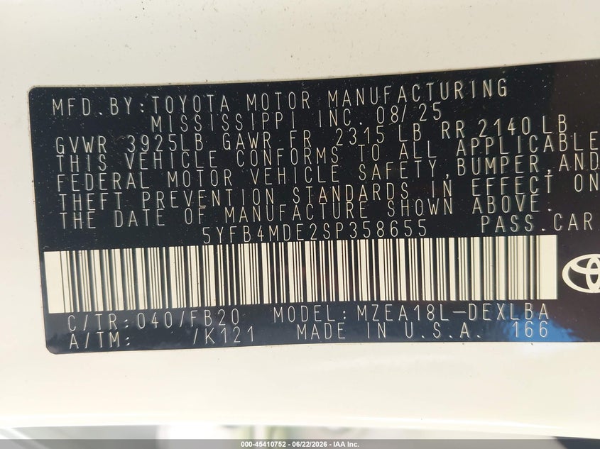 2025 Toyota Corolla VIN 5YFB4MDE2SP358655 IAAI salvage auction — FRONT END, Salvage (North Carolina), sold $6,400 on 2026-07-31 (photo 9)
