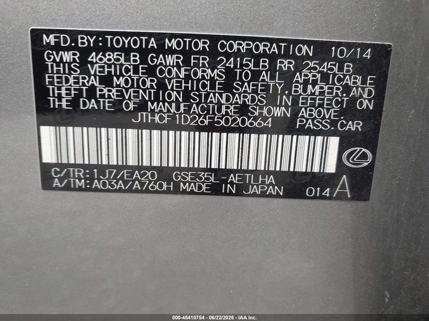 2015 Lexus VIN JTHCF1D26F5020664 IAAI salvage auction — FRONT END, Salvage (New Jersey), sold $1,375 on 2026-07-30 (photo 9)