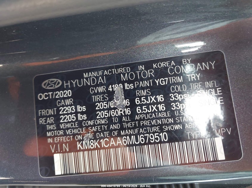 2021 Hyundai Kona VIN KM8K1CAA6MU679510 IAAI salvage auction — REAR END, Salvage (North Carolina), sold $2,200 on 2026-08-31 (photo 9)