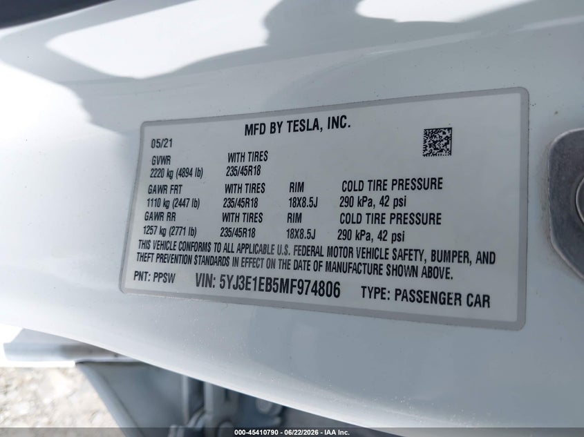 2021 Tesla Model 3 VIN 5YJ3E1EB5MF974806 IAAI salvage auction — ALL OVER, Salvage (Georgia), sold $6,800 on 2026-08-02 (photo 9)