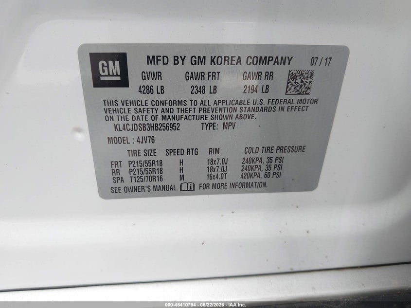 2017 Buick Encore VIN KL4CJDSB3HB256952 IAAI salvage auction — FRONT END, Salvage (North Carolina), sold $950 on 2026-07-09 (photo 9)
